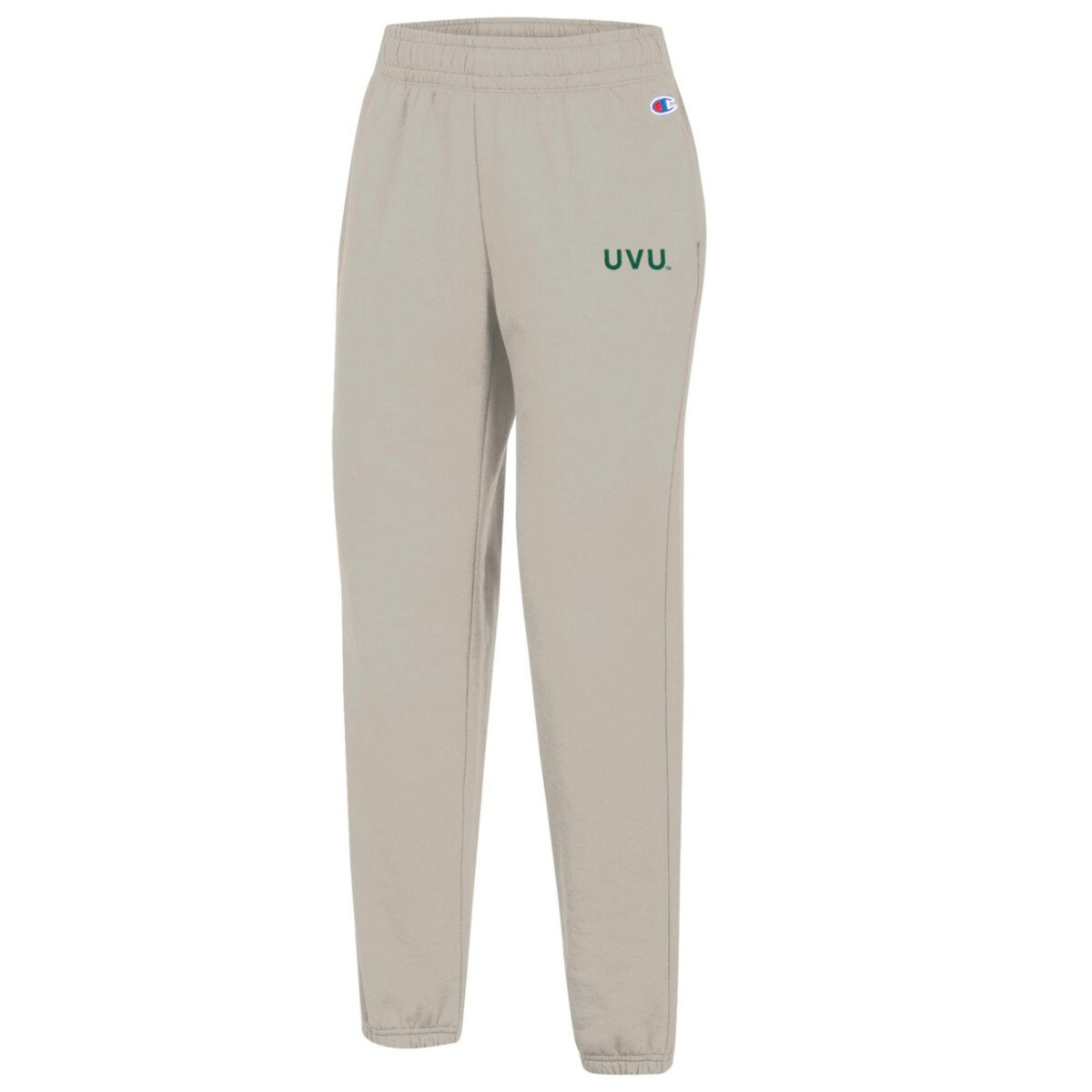 Tan jogger sweats with a tie on the inside of the waist band and a small tan embroidered UVU on the left thigh